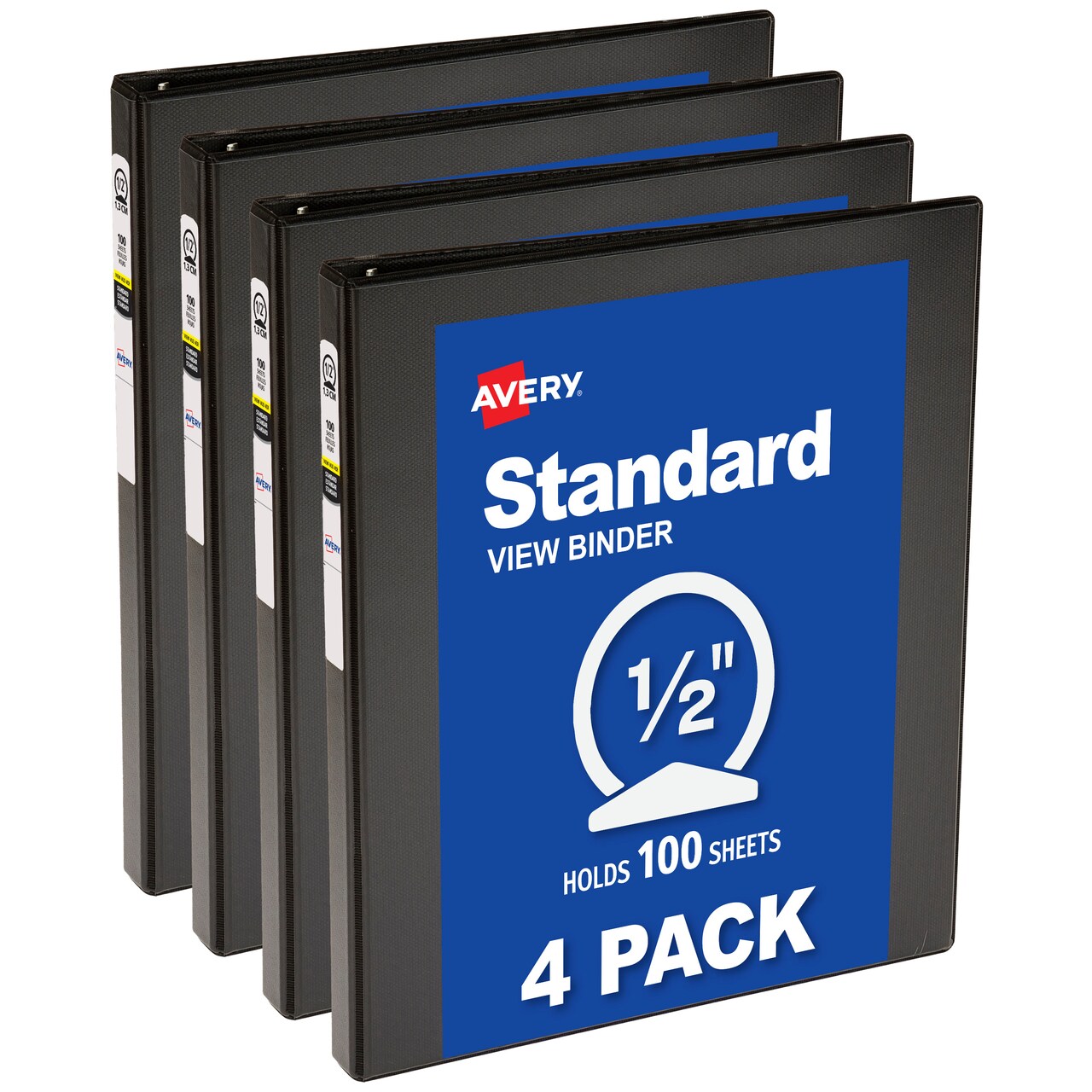 Avery® Standard View 3 Ring Binders, 0.5" Round Rings, 100-Sheet Capacity, 0.7 Inch Wide Spine, 4 Black Binders, Ideal for Lightweight Organization and Occasional Referencing (17701)